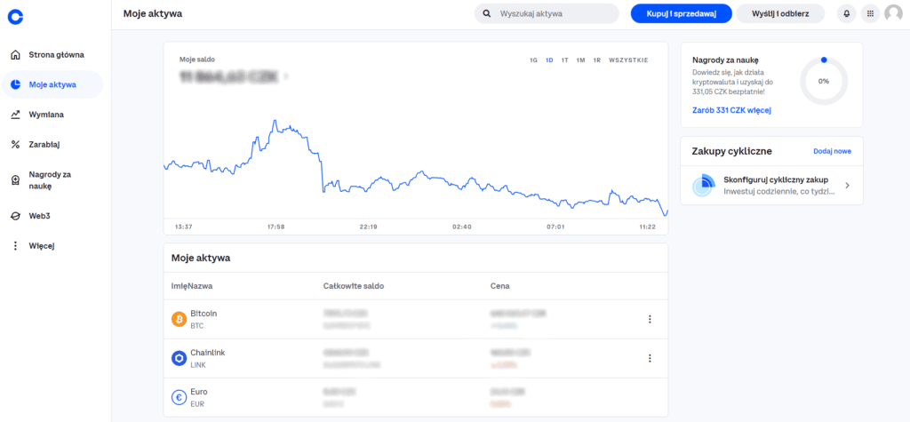Sekcja Portfolio na Coinbase