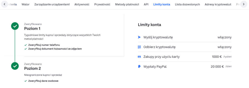 limity konta coinbase
